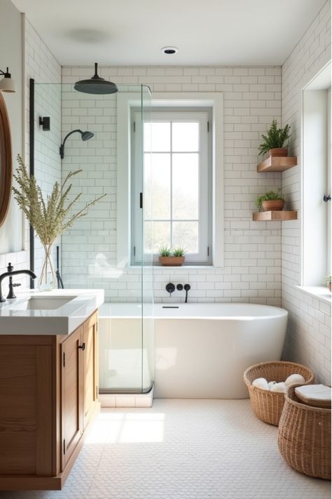 Scandinavian modern bathroom with wood elements and white tiles Bathroom Ideas With Wood Vanity, Bathroom Ideas Scandinavian Style, Scandanavian Interiors Bathrooms, Galley Master Bath, Small Bathroom With Bathtub Ideas, Small Primary Bathroom Ideas, Master Bathrooms 2024 Trends Farmhouse, White Modern Bathroom Ideas, Cream And White Bathroom