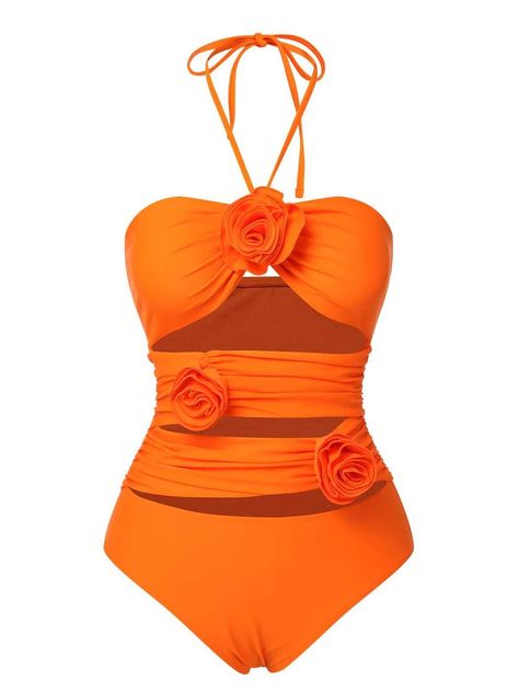 Orange Red 1950s Halter 3D Flower One-Piece Swimsuit | Retro Stage Orange Bathing Suits, Orange Bathing Suit, Swimsuit Orange, Retro Stage, Modern Pinup, Orange Swimsuit, Beach Fits, Retro Swimsuit, Swimming Outfit