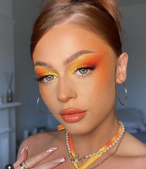 Luau Makeup Ideas Hawaii, Orange Make Up Looks Creative, Orange And Yellow Makeup Looks, Bird Inspired Makeup, Orange Festival Makeup, Hawaii Makeup Look, Yellow Orange Makeup, Hawaiian Makeup Look, Tropical Makeup Look