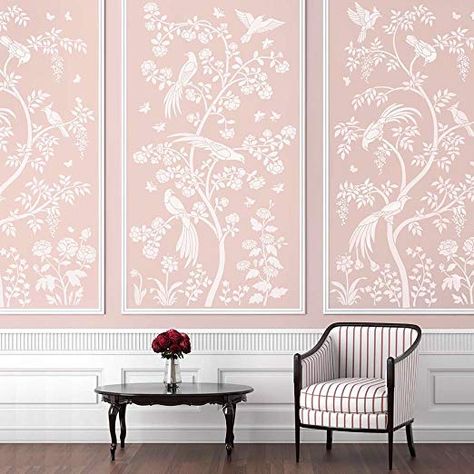 Amazon.com: Birds and Roses Chinoiserie Wall Mural Stencil - DIY Asian Garden Decor - Reusable stencils for Home Makeovers (Large): Home & Kitchen Chinoiserie Stencil, Chinoiserie Mural, Mural Stencil, Large Wall Stencil, Wallpaper Stencil, Stencil Painting On Walls, Chinoiserie Wall, Deco Rose, Pink Living Room