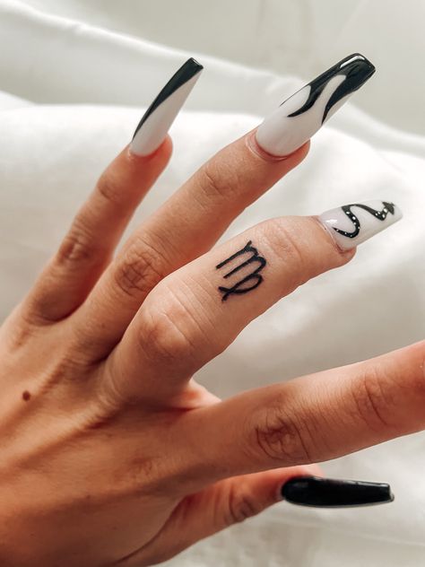 Virgo Tattoo On Finger, Star Sign Finger Tattoo, Money Finger Tattoo, Virgo Finger Tattoos For Women, Virgo Tattoo Finger, Zodiac Finger Tattoos For Women, Finger Tattoos Virgo, Virgo Hand Tattoos For Women, Virgo Finger Tattoo