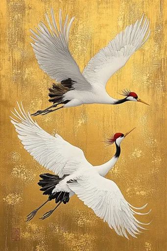 ↑↑↑ Larger size on website 🔸 The painting depicts two white cranes in flight against a gold background. The cranes have long, sle Crane Aesthetic, Red Crowns, White Crane, Red Crown, Japanese Painting, Gold Background, In Flight, Good Fortune, Traditional Japanese