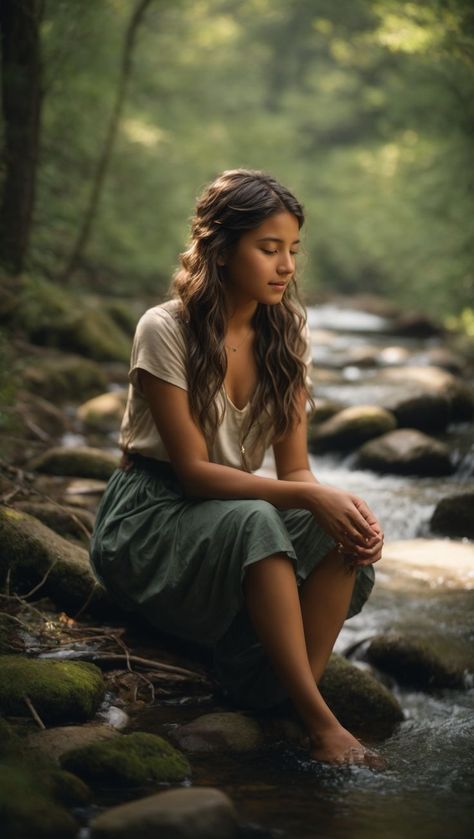 Beautiful and Lonely Girl by a Tranquil Forest River Lush Forest, Body Art Photography, Nature Photoshoot, Lonely Girl, Branding Photoshoot Inspiration, Beautiful Red Hair, Summer Photoshoot, Face Photography, Forest River