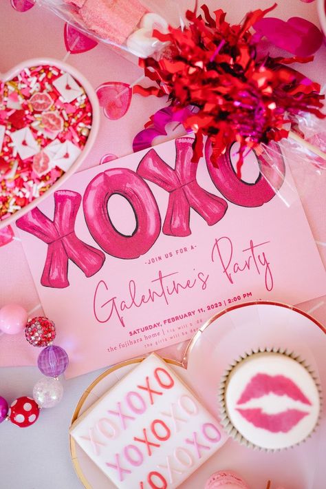 Galentine Party Ideas For Teens, Crafts For Galentines Party, Galentines Party Invitations Free, Galentines Party Pjs, Valentine’s Day Party Invitation, Galentines Party Banner, Galentines Event Ideas, Galentines Party Theme, Valentines Birthday Party Ideas Women