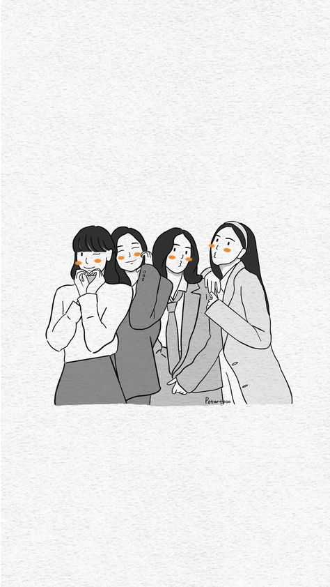 4 Besties Drawing, 4 Friends Illustration, 4 Best Friends Drawing Cute, 4 Bffs Wallpaper, Outline Aesthetic, Pray Wallpaper, Sister Wallpaper, Friendship Wallpaper, Instagram Black Theme