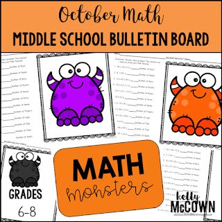 Halloween October Bulletin board for middle school. This is a NO PREP Bulletin Board ready to PRINT & GO! Students create Monsters through Math and you display their results on a Bulletin Board. Students love creating these Math Monsters for October! Grab yours now. Bulletin Board Middle School, Math Bulletin Boards Middle School, Monster Math Activities, October Math Activities, Middle School Math Lesson Plans, Math Projects Middle School, Middle School Bulletin Boards, October Math, Math Bulletin Boards