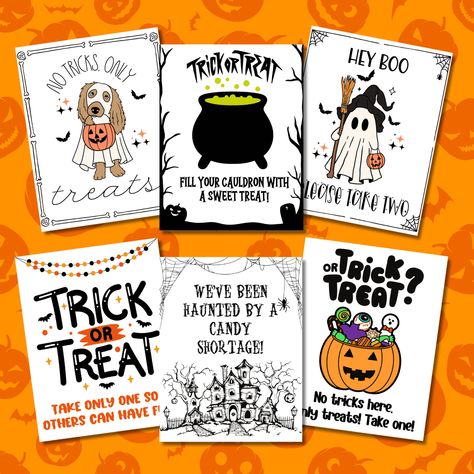 Get your free printable Halloween candy signs & out-of-candy notices! They add spooky fun your trick-or-treating festivities. Halloween Candy Bowl Sign Printable, Halloween Trick Or Treat Sign Printable Free, Help Yourself Halloween Candy Sign, Trick Or Treat Sign Printable, Printable Signs Free, Candy Notes, Halloween Candy Bowl, Free Printable Halloween, Candy Signs