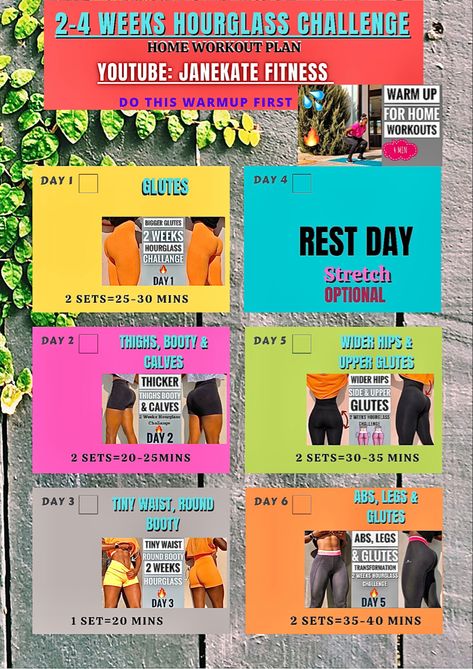 Free Home workout plan- Hourglass figure challange Janekate Fitness, Figure Workout, Hourglass Figure Workout, Free Workout Programs, Free Workout Plans, Gym Plan, Youtube Workout, Challenges To Do, Workout Days