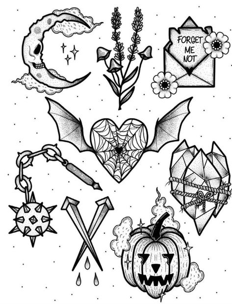 Alternative Flash Tattoo, Old Fashion Tattoos Vintage, Goth Flash Art, Flash Halloween Tattoo, Neotraditional Tattoo Flash Sheet, Tattoo Designs Halloween, Witch Flash Tattoo, Mythical Creature Tattoo, Halloween Flash Art