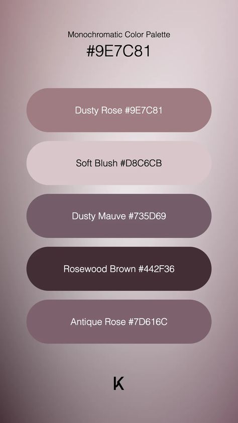 Monochromatic Color Palette Dusty Rose #9E7C81 · Soft Blush #D8C6CB · Dusty Mauve #735D69 · Rosewood Brown #442F36 · Antique Rose #7D616C Grey Mauve Color Palette, Deep Rose Color Palette, Dark Mauve Color Palette, Dusty Mauve Color Palette, Mauve Color Combinations, Mauve Wedding Colors Colour Palettes, Mauve And Purple Wedding, Antique Color Palette, Color Palette Dusty Rose