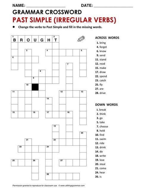 Here is a fun crossword puzzle for your EFL students to practice the past simple irregular verbs. Have fun! Past Simple Irregular Verbs Worksheets, Past Simple Worksheets, Irregular Verbs Worksheet, Freetime Activities, Simple Past Tense, Grammar Quiz, Past Simple, English Exercises, Verb Worksheets