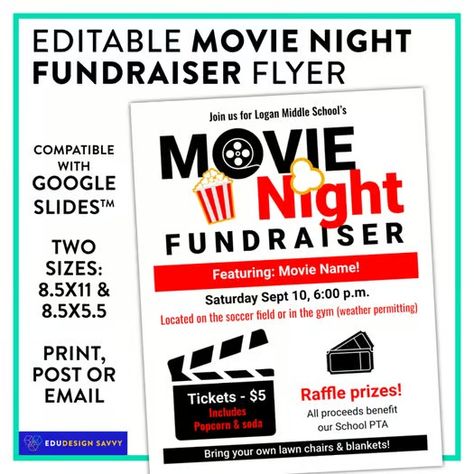 Editable Movie Night Fundraiser Flyer - 2 sizes! by EduDesign Savvy Movie Night School Event, Movie Night Fundraiser, Middle School Movie, Car Wash Fundraiser, Movie Night Flyer, Pta Mom, Pta Moms, Pta School, Fundraiser Flyer