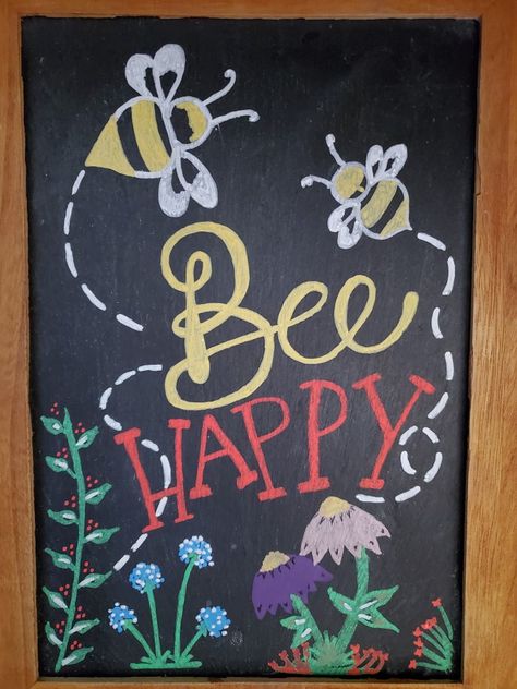 Bee Happy Summer Chalkboard Art Whimsical Chalkboard Art, May Chalkboard Art Ideas, Summer Whiteboard Ideas, April Chalkboard Ideas, Summer Time Chalkboard Art, Cute Summer Chalkboard Ideas, Summer Coffee Chalkboard Art, August Chalkboard Art Ideas, Chalkboard Designs Easy