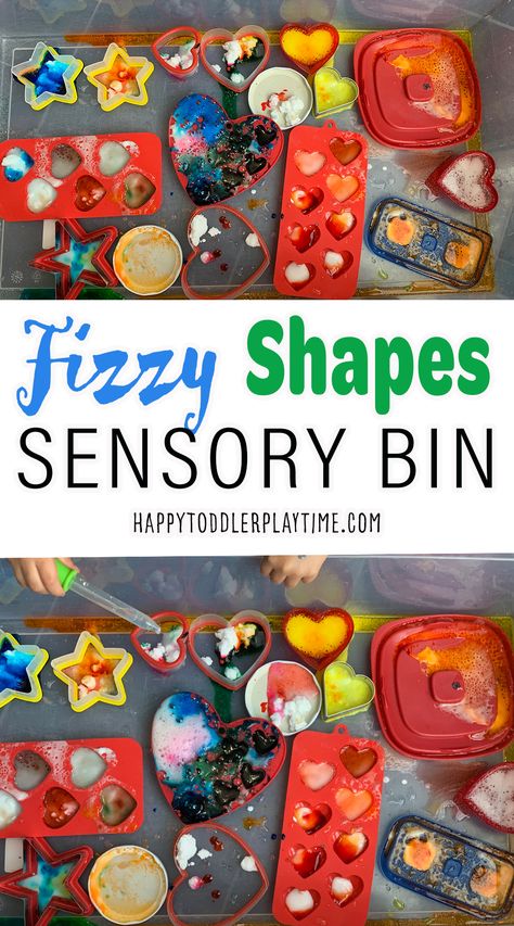 Fizzy Shapes Sensory Bin - HAPPY TODDLER PLAYTIME Shapes Sensory Bin, Best Sensory Bins, Sensory Bin Play, Toddler Sensory Bins, Rainy Day Activities For Kids, Baking Soda Vinegar, Toddler Sensory, Curious Kids, Easy Toddler