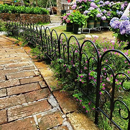 Border Landscaping Ideas, Fence Landscaping Privacy, Low Wrought Iron Fence Front Yard, Flower Bed Fence Ideas To Keep Dogs Out, Garden Fencing To Keep Animals Out, Iron Garden Fence, Fence Border Landscaping, Black Garden Fence, Flower Bed Fencing To Keep Dogs Out