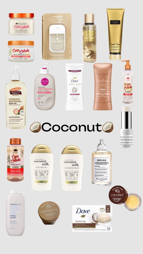 #coconut #bodycare Coconut Beauty Products, Coconut Self Care, Shower Routine Coconut, Coconut Hair Products, Coconut Skin Care Products, Coconut Self Care Products, Coconut Scented Shower Routine, Coconut Hygiene Products, Coconut Sent