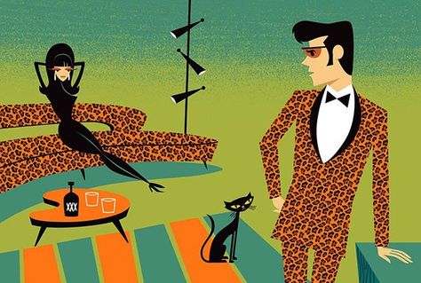 Josh Agle Shag, Celebrities With Cats, Mcm Art, Tiki Art, Mid Century Illustration, Two Cats, Cat Artwork, Retro Cats, Arte Animal