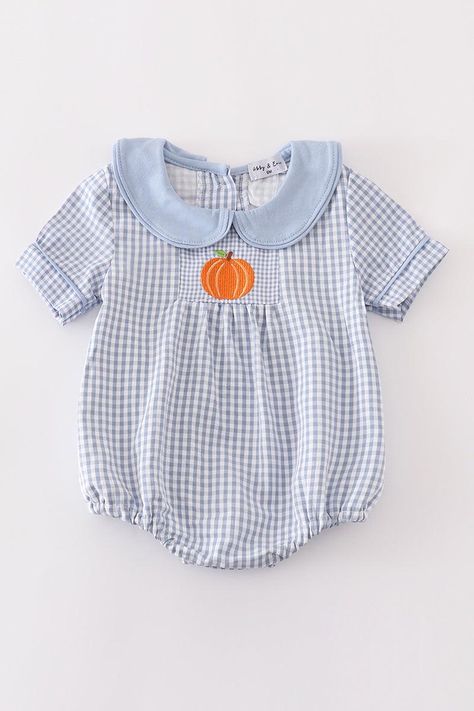 Fall toddler and baby outfits Sibling Matching blue gingham pumpkin patch baby girl and boy bubble onesie boy and girl smocked outfit sets Bubble Romper Boy, Pumpkin Embroidery, Sequin Crafts, Blue Pumpkin, Plaid And Leopard, Blue Pumpkins, Boys Plaid, Ready For Fall, Bubble Romper