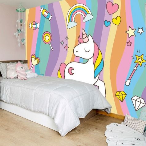 kids room design girls bedroom ideas Girls Bedroom Ideas Wallpaper, Unicorn Theme Room, Bedroom Ideas Wallpaper, Kids Room Decoration Ideas, Rainbow Decor Bedroom, Girls Bedroom Paint, Playroom Mural, Girls Bedroom Themes, Rainbow Bedroom