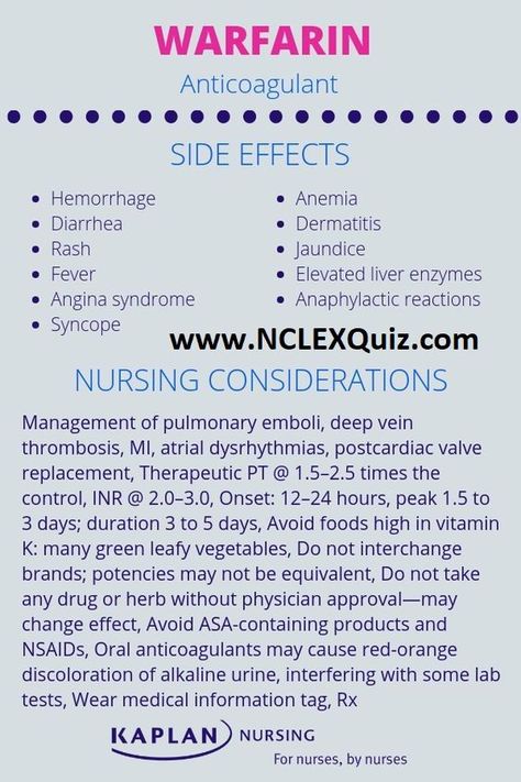 Warfarin Anticoaglant Pharmacology, Side Effects & Nursing Considerations Warfarin decreases the body’s ability to form blood clots by blocking the formation of vitamin K–dependent clotting factors. Vitamin K is needed to make clotting factors and prevent bleeding Warfarin Nursing, Medications Nursing, Nursing Pharmacology, Nursing School Essential, Nurse Study, Nurse Study Notes, Nursing Student Tips, Pharmacology Nursing, Cardiac Nursing