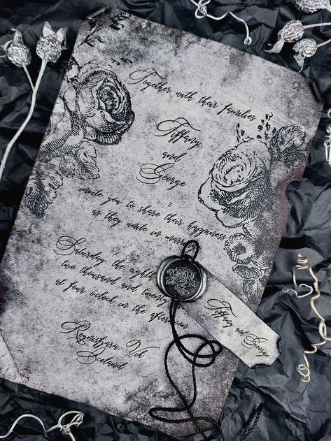 Black Rose boxed scroll wedding invitation with a wax seal. Dark Fantasy Wedding Invitations, Scroll Wedding Invitations, Scroll Invitation, Handmade Invitations, Dark Wedding, Fantasy Wedding, Perfect Partner, Perfect Date, Castle Wedding