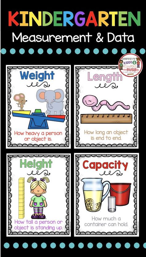 Measurement and Data Classroom Posters - Math Vocabulary - Weight - Capacity - Height - Length #klindergarten #firstgrade #kindergartenmath #firstgrademath Data Kindergarten, Kindergarten Measurement, Math Classroom Posters, Measurement Kindergarten, Kindergarten Anchor Charts, Measurement Worksheets, Measurement Activities, Prek Math, Math Measurement