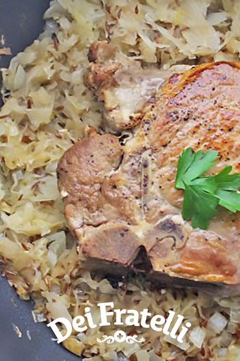 Recipe Photo of our Pork Chops & Sauerkraut Pork Chops And Sour Kraut Oven, Pork Chops And Sauerkraut In Oven, Pork Chops Sauerkraut, Braised Recipes, Pork Chops And Sauerkraut, Braised Pork Chops, Braising Recipes, Pan Pork Chops, Pan Fried Pork Chops