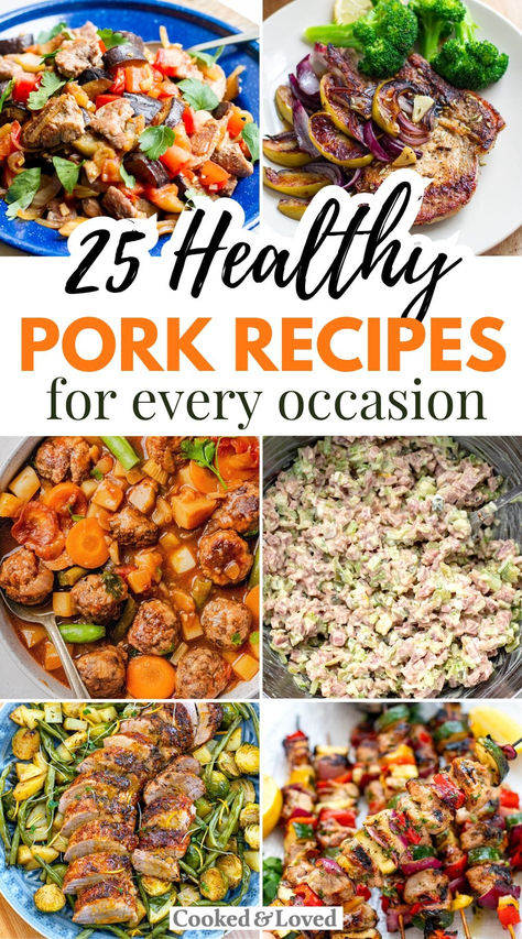 A collage of pork dishes featuring healthy pork recipes from skewers to pork tenderloin and ham salad. Quick And Easy Pork Dinner Recipes, Clean Eating Pork Recipes, Healthy Pork Recipes For Dinner, Lean Pork Recipes, Summer Pork Recipes, Healthy Pork Dinner Recipes, Pork Roadt, Pork Recipes For Dinner Easy, Recipes With Pork