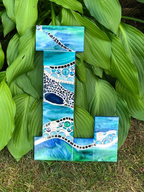 Resin Tiles, Mosaic Letters, Letters Wall Decor, Glass Broken, Iridescent Tile, Diy Concrete Planters, Letter Wall Decor, Alphabet Wall Art, Alphabet Wall