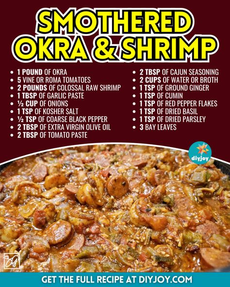 Easy Southern Smothered Okra And Shrimp Recipe Okra And Shrimp, Smothered Okra, Sauteed Okra, Cajun Chicken Recipes, Okra Recipes, Shrimp And Vegetables, Best Seafood Recipes, Cajun Cooking, Shrimp Recipes Easy