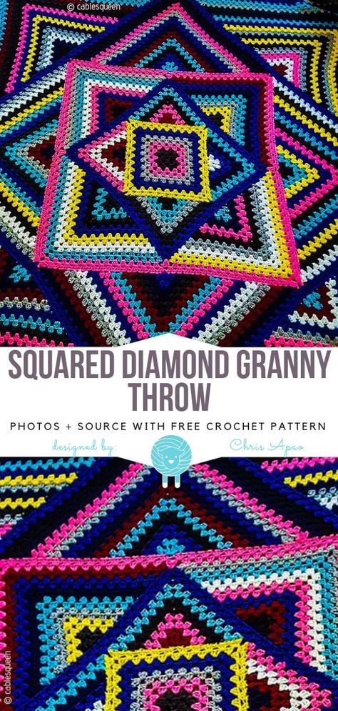 Squared Diamond Granny Throw Free Crochet Pattern - Free Crochet Patterns Crochet Patterns Free Granny Square Beginner, Free Crochet Afghans, Granny Square Blanket Pattern Free, Diamond Granny Square, Crochet Diamond Pattern, Crochet Granny Square Throw, Granny Square Pattern Free, Squares Blanket, Crochet Beginners