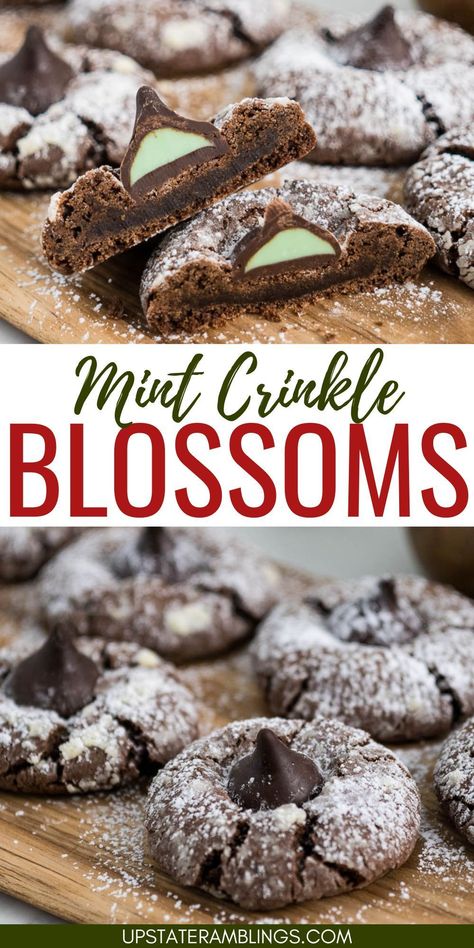 Mint Crinkle Blossoms Mint Chocolate Crinkle Cookies, Chocolate Mint Kiss Cookies, Chocolate Mint Blossoms, Mint Shortbread Cookies, Mint Kiss Cookies, Mint Cookie Recipes, Hershey Kiss Cookies Recipe, Fudgy Chocolate Crinkle Cookies, Homemade Cookie Recipe