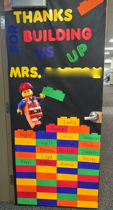 Teachers Doors Ideas, Teacher Appreciation Week Bulletin Board, Lego Door Decorations Classroom, School Door Decoration Ideas, Art Teacher Door, Lego Teacher, Lego Classroom Theme, Strong Verbs, Lego Classroom