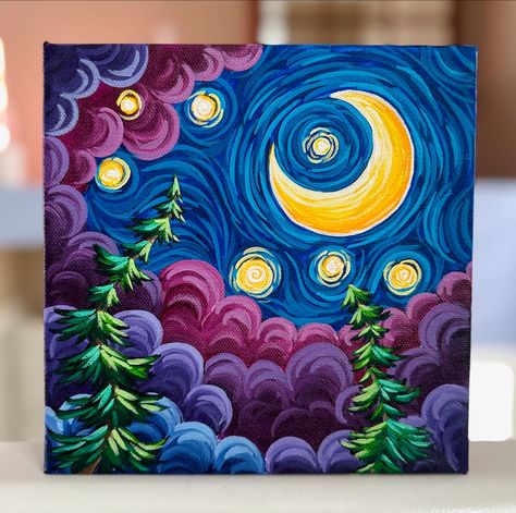 🔥✨Celestial Summer Nights - nothing quite like sitting around a crackling fire under a starry sky 🌲🌙 This will be the final mini painting available this season, available at @strathearnartwalk September 8th! #yegartist #yeglocalart #strathearnartwalk #celestialart #skyscape #moonscape Celestial Acrylic Painting, Moon Celestial Art, Crescent Moon Painting, Sip And Paint Ideas, Art Auction Projects, Mini Oil Painting, Infinite Art, Painting Trees, Paint Inspo