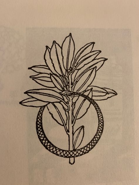 black and white wood cut style drawing of a snake eating its own tail (ouroboros) and an olive tree branch. Snake Eating Its Own Tail Tattoo, Ouroboros Drawing, Ouroboros Snake Tattoo Design, Drawing Of A Snake, Ornamental Snake, Oroboros Tattoo Minimalist, Oroboros Tattoo Around Arm, Olive Tree Tattoo, Ouroboros Skeleton