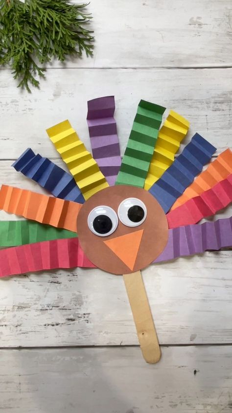 Crimped turkey puppet craft! #Thanksgiving #turkeycraft | Kids Craft Barn | Scott Dugdale · Workday Turkey Clothespin Craft, Clothes Pin Turkey, November School Crafts, I Am Thankful For Turkey Craft, November Crafts For Elementary Kids, Pre K Thanksgiving Feast, November Preschool Crafts Art Projects, Turkey Puppet Craft, Apple Turkey Craft For Kids