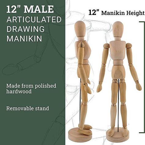 POSABLE WOODEN MANNEQUIN FIGURE FOR HUMAN ANATOMY STUDY (12”) $3500 JMD These postural adjustable human figures are a great tool to learn how to draw and sketch people, body movements, and poses. The small wooden mannequin figures are easily portable to take with you anywhere from the classroom to the art studio; perfect for beginners or professional artists This set of 2 drawing wooden mannequin figures are sectioned and can be easily manipulated into countless poses. Reliable Quality: Const... Wooden Mannequin, Sketch People, Art Mannequin, Flexible Body, Human Figures, Anatomy Study, Wood Artist, Male Artist, Male Hands