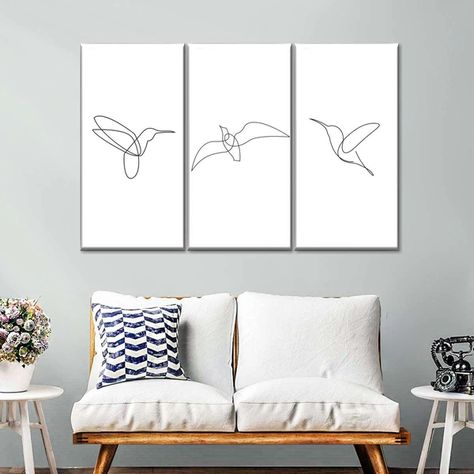 Continuous Line Birds Multi Panel Canvas Wall Art | ElephantStock Continuous Painting On Canvas, Multi Canvas Painting Ideas, Hummingbird Artwork, Sketch Tattoos, Abstract Interior, Canvas Embroidery, Hummingbird Wall Art, Minimalist Artist, Line Art Flowers