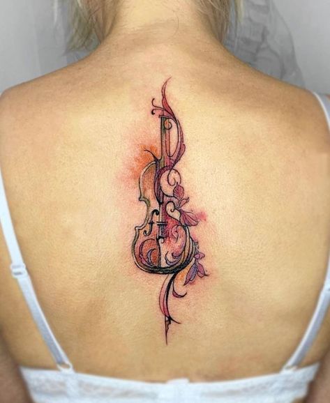 Violin Flower Tattoo, Floral Music Tattoo Sleeve, Viola Tattoo Music, Violin Tattoos, Violin Tattoo Ideas, Cello Tattoo, Tattoo Down Spine, Violin Tattoo, Music Tattoo Sleeves