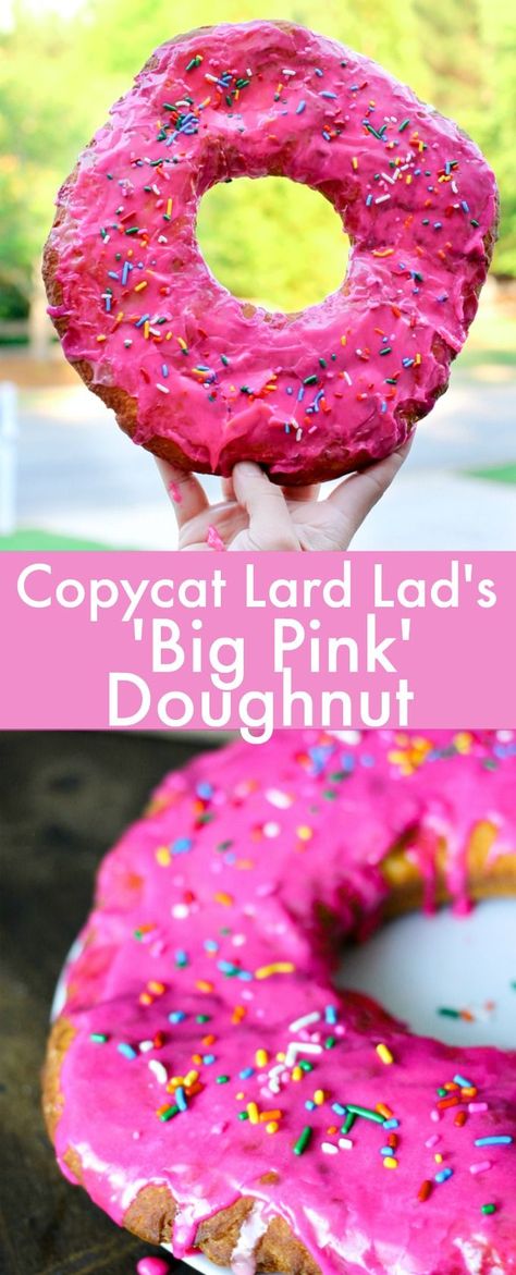 This Copycat Lard Lad's Big Pink Doughnut is a GIANT fried doughnut drenched in pink glaze and topped with rainbow sprinkles! It's delicious! Pink Doughnut, Fancy Donuts, Doughnut Recipe Easy, Pink Doughnuts, Dinner Favorites, Homemade Donuts Recipe, Baked Donut Recipes, Donut Maker, Breakfast Goodies