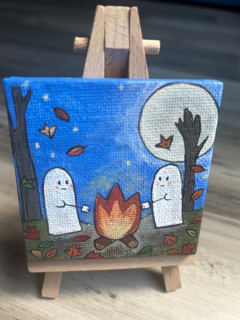 Hand-painted mini canvas, two sweet ghosties, easel included Mini Painting Halloween, What To Paint On Tiny Canvas, Spooky Fall Paintings, Simple Pumpkin Painting On Canvas, 3x3 Painting Ideas, Mini Halloween Canvas Paintings, Diy Canvas Art Painting Halloween, Mini Canvas Art Fall, Autumn Easy Paintings