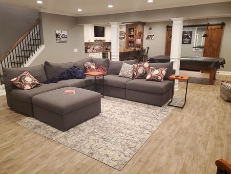 Narrow Finished Basement Ideas, Narrow Finished Basement, Basement Sitting Area, Basement Seating, Small Basement Remodel, Rustic Basement, Basement Finishing, Basement Reno, Home Cinema Room