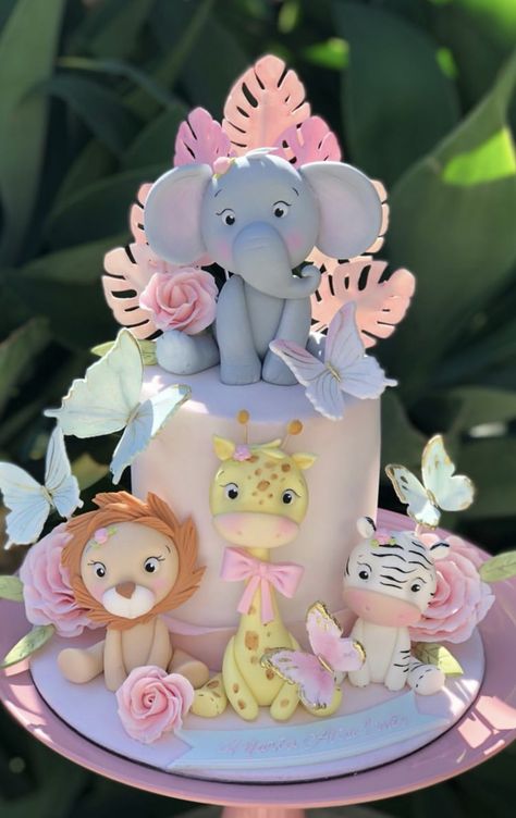 Color Schemes For Birthday Party, 1 Compleanno Baby Girl, Safari Birthday Cake Girl, Baby Cakes Girl, Pink Safari Baby Shower Ideas, Animal Theme Cake, Safari Baby Shower Girl, Baby Girl Cake