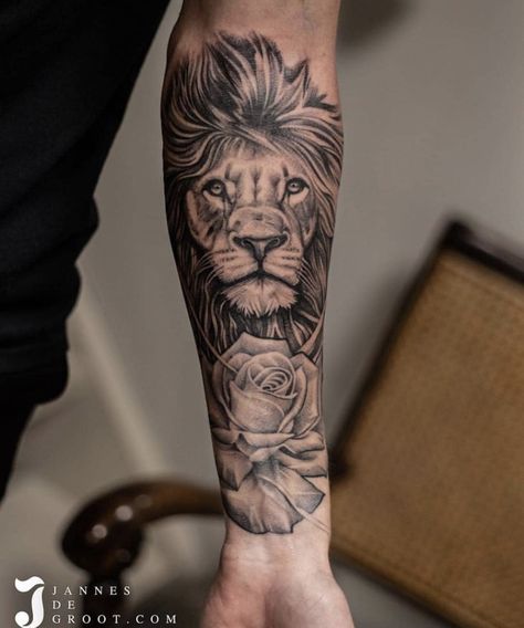 Lion And Rose Tattoo, Lion Arm Tattoo, Small Lion Tattoo, Lion Forearm Tattoos, Tiger Tattoo Sleeve, Animal Sleeve Tattoo, Lion Tattoo Sleeves, Wolf Tattoo Sleeve, Mens Lion Tattoo