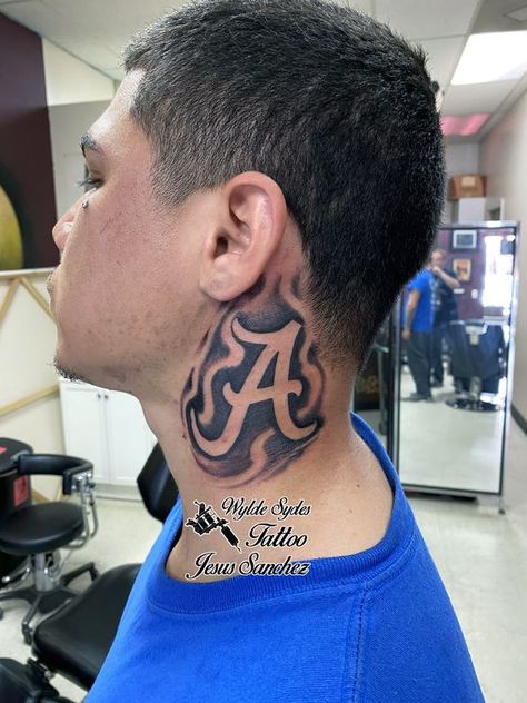 Negative Lettering Tattoo, A Tattoo Letter For Men, Letter Neck Tattoo, Fire Neck Tattoo, Negative Space Tattoo Lettering, Negative Shading Tattoo, Men’s Neck Tattoos, Neck And Throat Tattoos Men, Letter A Tattoo