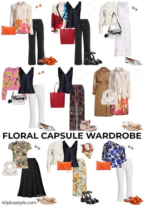 Floral capsule wardrobe | 40plusstyle.com Blanknyc Suede Moto Jacket, Floral Coat, Beautiful Floral Dresses, Tory Burch Kira, Floral Flats, Interview Style, Silk Tank, Floral Outfit, Favorite Daughter