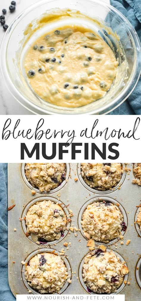 Blueberry almond muffins are easy to make, irresistibly tender, and packed with blueberries and almond flavor. The perfect thing to make for brunch or when having overnight guests! Almond Flavored Muffins, Blueberry Almond Muffins, Almond Muffins Recipes, Overnight Muffins, Breakfast Bakery Items, Almond Meal Muffins, Almond Coffee Cake, Almond Coffee, Peach Muffins