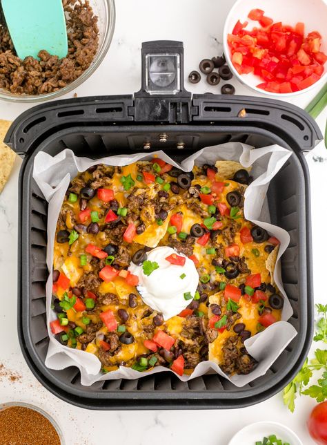 Air Fryer Nachos - My Air Fryer Kitchen Simple Healthy Airfryer Meals, Nutrisystem Air Fryer Recipes, Insta Air Fryer Recipes, Super Bowl Air Fryer Recipes, Air Fried Nachos, Dual Air Fryer Meals, Must Try Air Fryer Recipes, Air Fryer Bowls, Air Fryer Winter Recipes