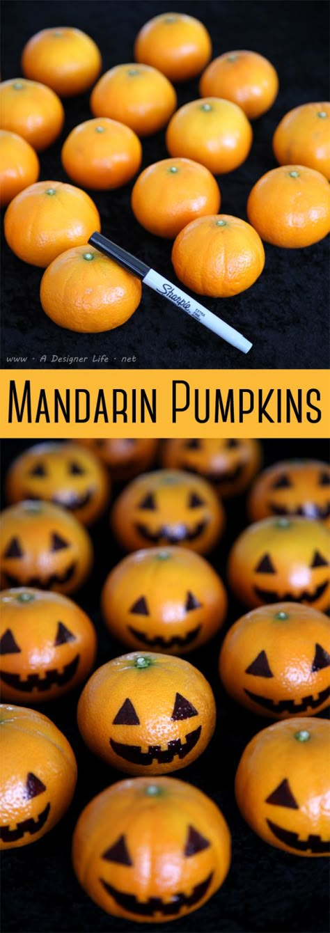 Mandarin Pumpkins | 5 Easy Halloween Food Ideas Ide Halloween, Snack Halloween, Buffet Halloween, Halloween Treats To Make, Cute Halloween Treats, Dulces Halloween, Halloween Infantil, Halloween Fest, Casa Halloween