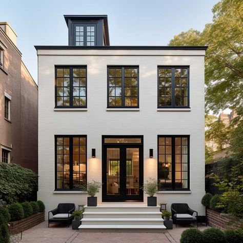 Mastering the Art of White Brick Exteriors with Bold Black Windows • 333+ Images • [ArtFacade] All White Brick House Exterior, Black And White House Exterior Modern Painted Bricks, Modern Black Windows Exterior, Black Frame Windows Exterior, Transitional Townhome, Modern Window Design Exterior, Townhouse Exterior Design, White Brick Black Windows, Industrial Exterior House